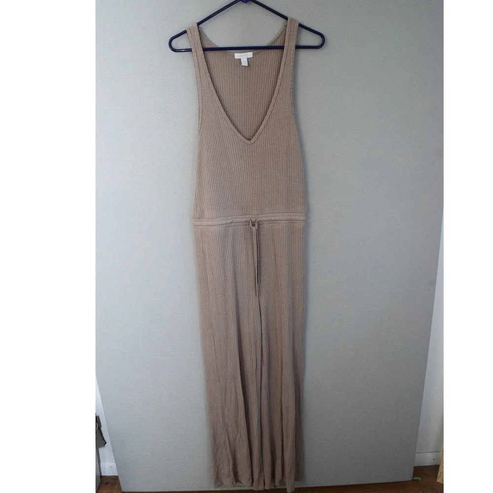 Beyond Yoga Jetsetter Jumpsuit S Taupe Ribbed V-Neck Drawstring Wide Leg Women